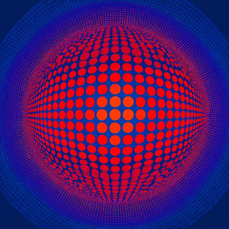 May include: Abstract digital artwork showing a 3D sphere made of red and orange dots on a blue backdrop. The dots create depth and dimension, with a gradient effect, giving a sense of movement.
