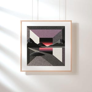 May include: Framed abstract art print featuring a geometric landscape with a sunset. The artwork uses shades of purple, black, and gray, with a light wood frame. The image is a modern, minimalist piece.