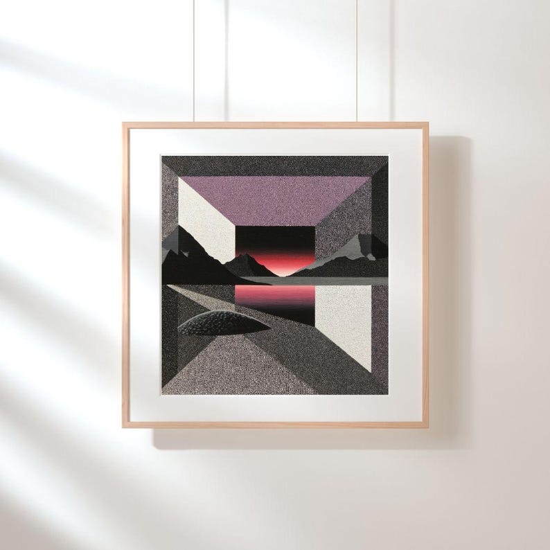 May include: Framed abstract art print featuring a geometric landscape with a sunset. The artwork uses shades of purple, black, and gray, with a light wood frame. The image is a modern, minimalist piece.