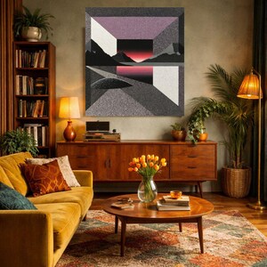 May include: Abstract geometric wall art with a landscape scene in shades of gray, black, white, and purple. The artwork hangs above a wooden cabinet in a living room setting. The room features a yellow sofa, a round coffee table, and a patterned rug.