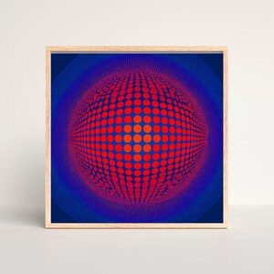 May include: Abstract art print with a red and orange sphere made of dots, set against a deep blue background. The artwork is framed in a natural wood frame. The artwork is a striking visual contrast.