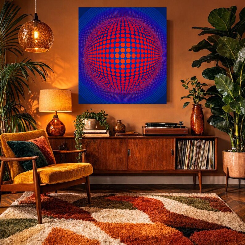 May include: An abstract artwork with a red, dot-patterned sphere on a blue backdrop. The piece hangs above a wooden cabinet in a retro-style living room, alongside a mustard armchair and a patterned rug. The room is decorated with plants and warm-toned lighting.