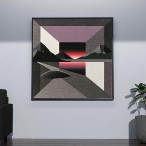 May include: Abstract geometric art print in a black frame. The artwork features a landscape with mountains, a lake, and a geometric structure in shades of gray, white, and purple. The sky has a gradient of red and black.