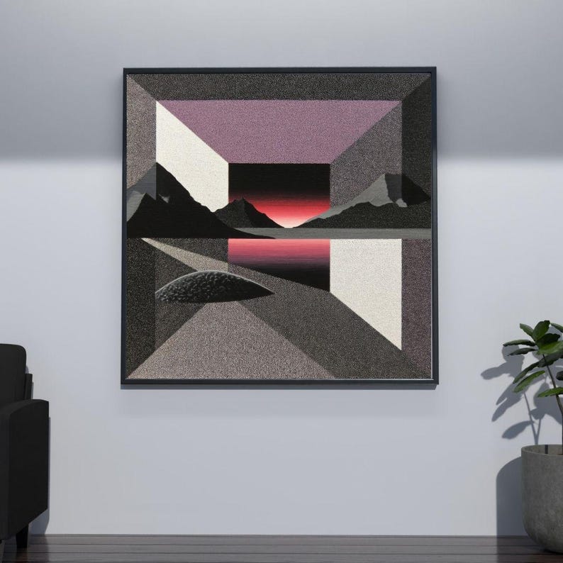May include: Abstract geometric art print in a black frame. The artwork features a landscape with mountains, a lake, and a geometric structure in shades of gray, white, and purple. The sky has a gradient of red and black.