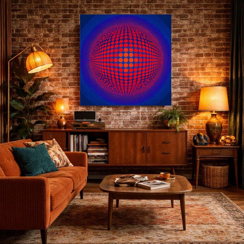 May include: A retro-style living room featuring a large abstract artwork with a red and blue dot design. The room includes an orange sofa, wooden furniture, a coffee table, and a floor lamp, creating a warm atmosphere.