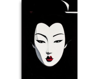 Impression spectaculaire portrait de geisha sur fond noir, style Patrick Nagel