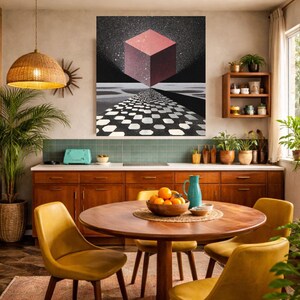 Pode incluir: Interior da cozinha com uma mesa redonda de madeira e cadeiras amarelas. Uma grande obra de arte retrata um cubo vermelho flutuante sobre um caminho quadriculado. A cozinha apresenta arm&aacute;rios de madeira, um backsplash turquesa e uma lumin&aacute;ria pendente tecida.