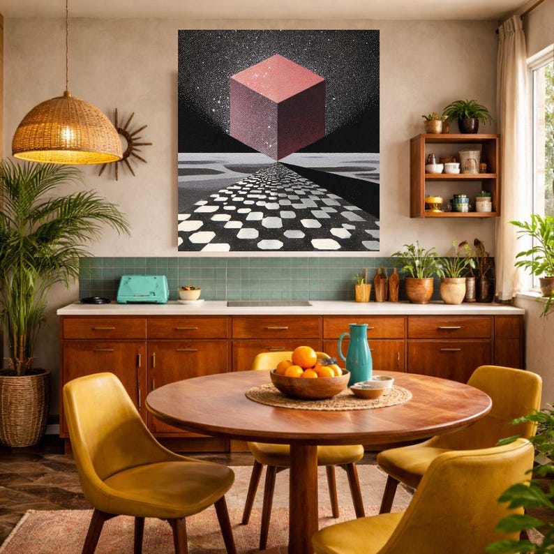Pode incluir: Interior da cozinha com uma mesa redonda de madeira e cadeiras amarelas. Uma grande obra de arte retrata um cubo vermelho flutuante sobre um caminho quadriculado. A cozinha apresenta arm&aacute;rios de madeira, um backsplash turquesa e uma lumin&aacute;ria pendente tecida.
