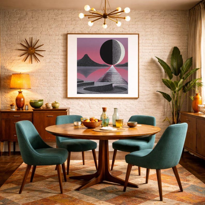 K&ouml;nnte beinhalten: Ein Esszimmer im modernen Stil mit einem runden Holztisch und vier teal-farbenen St&uuml;hlen. Ein gerahmtes Kunstwerk mit geometrischem Design h&auml;ngt &uuml;ber dem Tisch. Ein Stern-Wanddekor und eine Lampe mit orangefarbenem Sockel sind ebenfalls zu sehen.