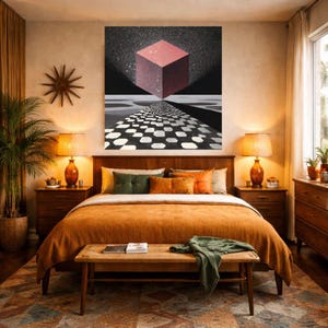 Pode incluir: Um quarto com uma grande obra de arte abstrata com um cubo vermelho flutuando sobre um caminho em preto e branco. O quarto tem uma estrutura de cama de madeira com roupa de cama laranja, mesas de cabeceira com l&acirc;mpadas e um banco de madeira. Uma decora&ccedil;&atilde;o de parede em forma de estrela &eacute; vis&iacute;vel.