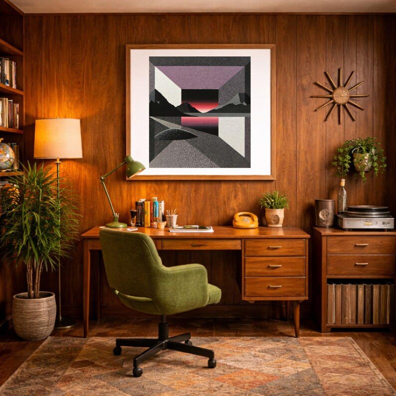 May include: A mid-century modern home office with a wooden desk, green chair, and a large framed abstract art piece. The room features a floor lamp, a bookshelf, and a record player. The walls are paneled in wood, creating a warm and inviting atmosphere.