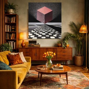 Pode incluir: Uma grande pintura abstrata com um cubo geom&eacute;trico em tons de vermelho e rosa sobre um fundo preto estrelado. O cubo parece flutuar sobre um caminho de formas hexagonais em preto e branco. A obra de arte est&aacute; pendurada numa sala de estar.