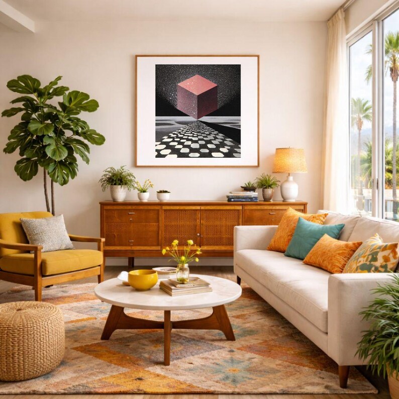 Pode incluir: Uma sala de estar com est&eacute;tica moderna de meados do s&eacute;culo. Uma grande obra de arte emoldurada apresenta um cubo vermelho flutuando sobre um caminho quadriculado em preto e branco. O quarto inclui uma poltrona amarela, um sof&aacute; branco com almofadas coloridas e um arm&aacute;rio de madeira.