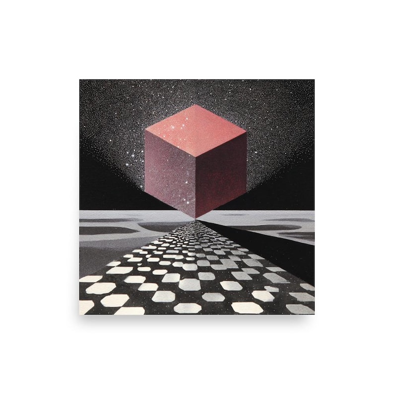 Floating Cube Optical Illusion Wall Art Print, Geometric Op Art Retro Poster