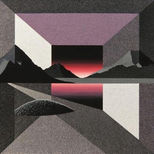 May include: Abstract geometric landscape painting with a surreal perspective. The artwork features a mountain range, a body of water, and a sunset in shades of red, black, white, and gray. The composition is divided into geometric shapes.