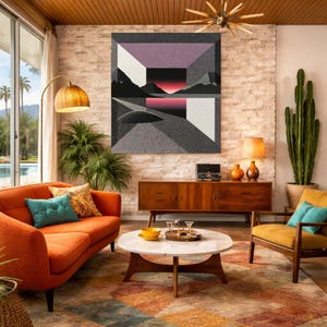 May include: A mid-century modern living room with an orange sofa, a yellow armchair, and a round coffee table. A large abstract painting hangs on the brick wall. The room is decorated with plants, a wooden cabinet, and a patterned rug.