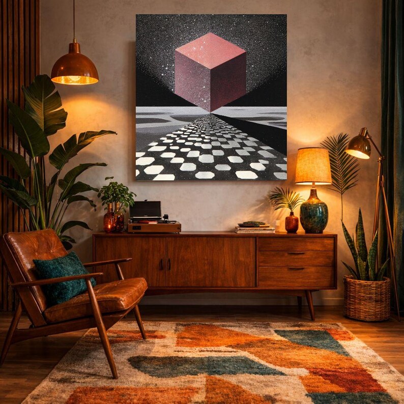 Pode incluir: Uma impress&atilde;o de arte moderna com um cubo geom&eacute;trico suspenso acima de um caminho de formas brancas e pretas, contra um c&eacute;u estrelado. A obra de arte &eacute; exibida em uma sala de estar com uma est&eacute;tica moderna de meados do s&eacute;culo, incluindo um arm&aacute;rio de madeira, cadeira de couro e tapete estampado.