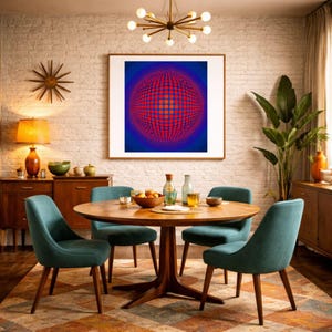 May include: A retro dining room featuring a round wooden table and four teal chairs. A framed abstract artwork with red and blue hues adorns the white brick wall. A gold starburst wall decoration and a vintage lamp enhance the room's style.