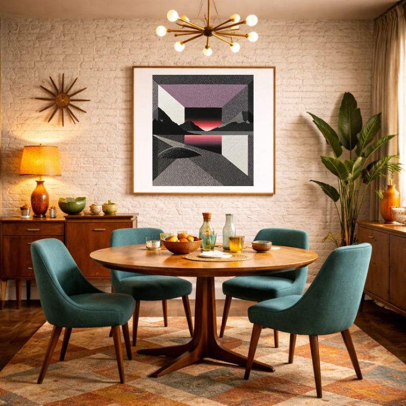 May include: A mid-century modern dining room with a round wooden table and four teal chairs. A framed abstract art piece hangs above the table. A wooden sideboard, a lamp, and a starburst wall decor complete the room.