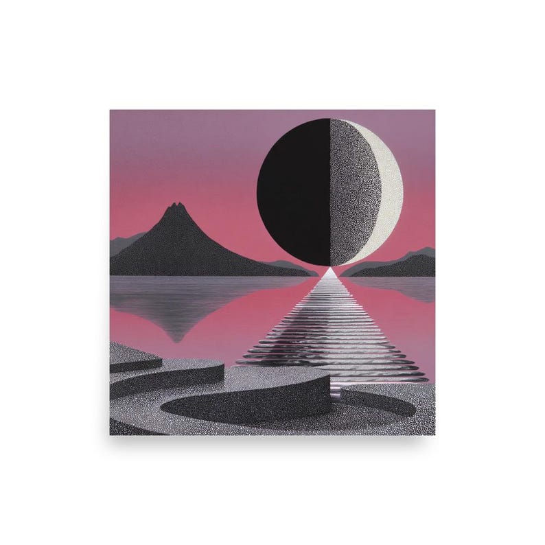 Retro Op Art Print – Pink Purple Geometric Landscape Moon Illusion Wall Art