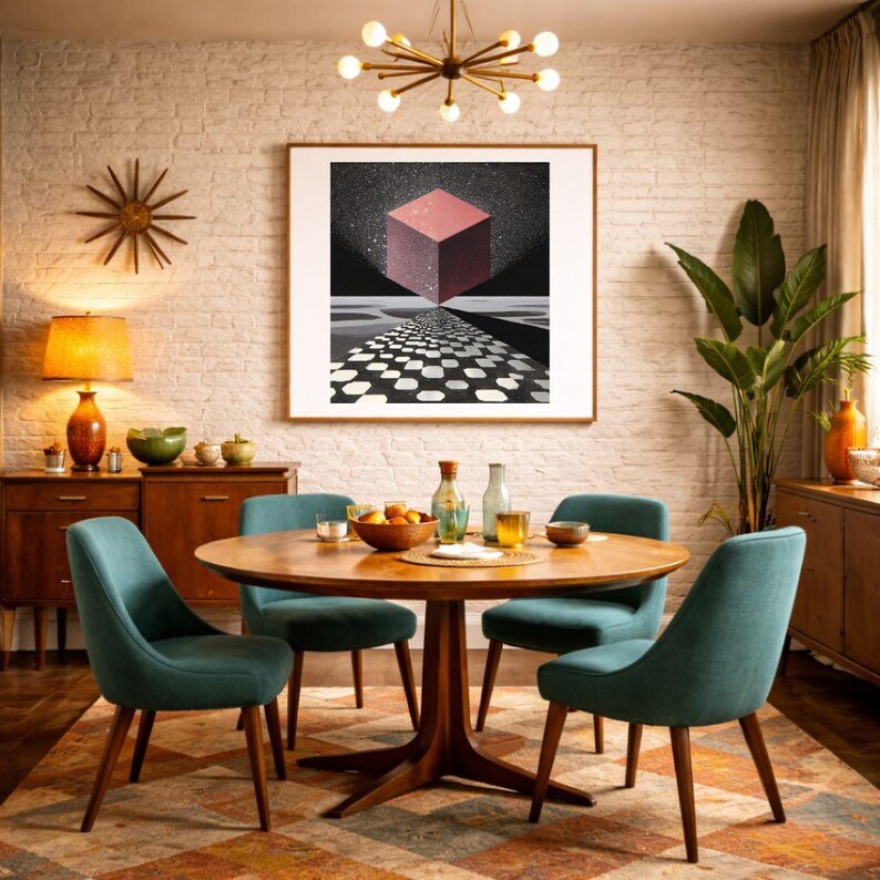 Pode incluir: Uma sala de jantar de estilo retro com uma mesa redonda de madeira e quatro cadeiras verde-azuis. Uma obra de arte abstrata emoldurada est&aacute; pendurada na parede. Uma decora&ccedil;&atilde;o de parede em forma de estrela e uma l&acirc;mpada com base laranja tamb&eacute;m s&atilde;o vis&iacute;veis.