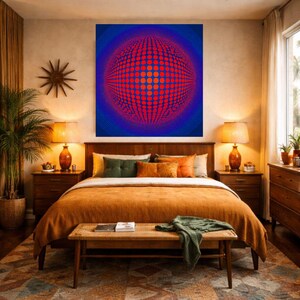 May include: A bedroom interior with a large artwork depicting a red and blue sphere. The bed is covered with an orange blanket and pillows. A wooden bench sits at the foot of the bed. Two lamps are on either side, and a star-shaped wall decoration is visible.