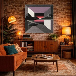 May include: A living room scene with a mid-century modern aesthetic. The room features a burnt orange sofa, a wooden coffee table, and a large abstract art piece on the brick wall. Lamps provide warm lighting, creating a cozy atmosphere. The decor includes a rug and a wooden cabinet.