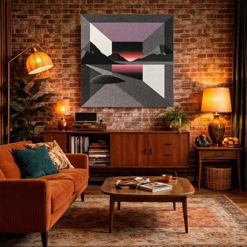 May include: A living room scene with a mid-century modern aesthetic. The room features a burnt orange sofa, a wooden coffee table, and a large abstract art piece on the brick wall. Lamps provide warm lighting, creating a cozy atmosphere. The decor includes a rug and a wooden cabinet.