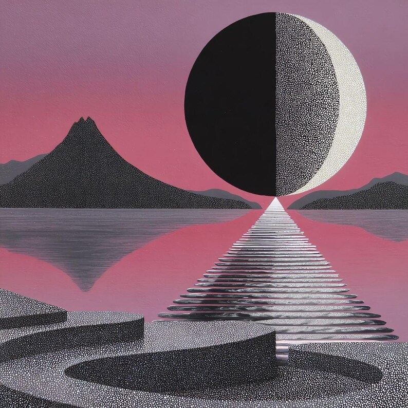 K&ouml;nnte beinhalten: Ein surrealistisches Landschaftsgem&auml;lde mit einem schwarz-wei&szlig;en Himmelsk&ouml;rper &uuml;ber Wasser. Eine pyramidenf&ouml;rmige Struktur f&uuml;hrt zum Himmelsk&ouml;rper. Berge und ein rosa Himmel vervollst&auml;ndigen die Szene. Das Kunstwerk ist eine Studie in Kontrasten.