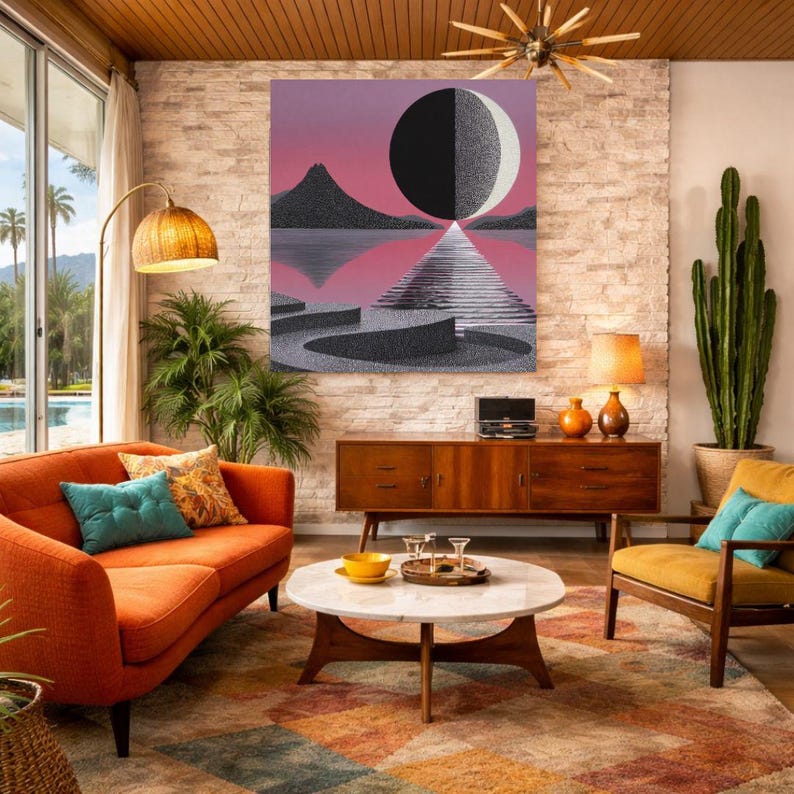 K&ouml;nnte beinhalten: Ein Wohnzimmer im Mid-Century-Modern-Stil mit einem orangefarbenen Sofa, einem gelben Sessel und einem runden Couchtisch. Ein gro&szlig;es Gem&auml;lde mit einem schwarz-wei&szlig;en Monddesign h&auml;ngt &uuml;ber einem Holzschrank. Der Raum verf&uuml;gt &uuml;ber einen gemusterten Teppich und einen Kaktus.