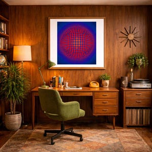 May include: A vintage home office with wood paneling, a desk, and a green chair. A framed abstract art piece hangs on the wall. A floor lamp, a desk lamp, and a retro telephone are also visible. A record player and a bookshelf complete the scene.