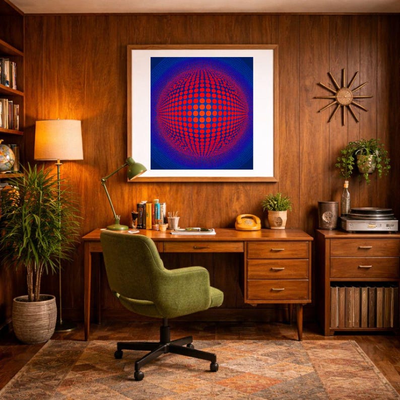 May include: A vintage home office with wood paneling, a desk, and a green chair. A framed abstract art piece hangs on the wall. A floor lamp, a desk lamp, and a retro telephone are also visible. A record player and a bookshelf complete the scene.
