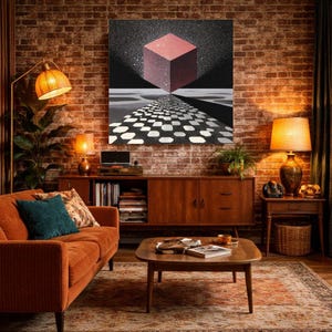 Pode incluir: Sala de estar com uma obra de arte que apresenta um cubo vermelho flutuante sobre um caminho quadriculado. O quarto tem uma est&eacute;tica moderna de meados do s&eacute;culo com uma parede de tijolos, um sof&aacute; laranja, m&oacute;veis de madeira e ilumina&ccedil;&atilde;o quente.