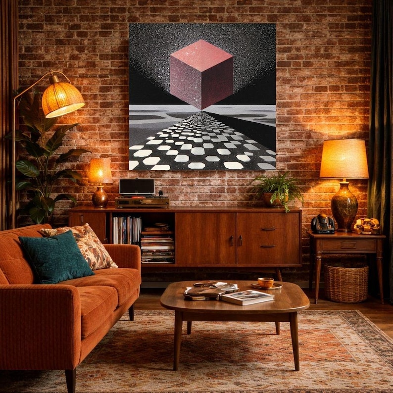 Pode incluir: Sala de estar com uma obra de arte que apresenta um cubo vermelho flutuante sobre um caminho quadriculado. O quarto tem uma est&eacute;tica moderna de meados do s&eacute;culo com uma parede de tijolos, um sof&aacute; laranja, m&oacute;veis de madeira e ilumina&ccedil;&atilde;o quente.