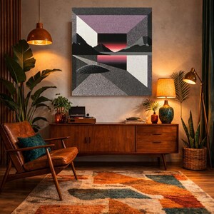 May include: A modern living room with a large abstract art piece. The artwork features geometric shapes and a landscape scene with a sunset. The room includes a brown leather chair, a wooden cabinet, and a colorful rug.