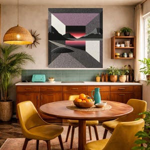 May include: A kitchen scene with a round wooden table and yellow chairs. A large abstract art piece hangs on the wall. The kitchen has wooden cabinets, a green backsplash, and a woven pendant light. A bowl of oranges sits on the table.
