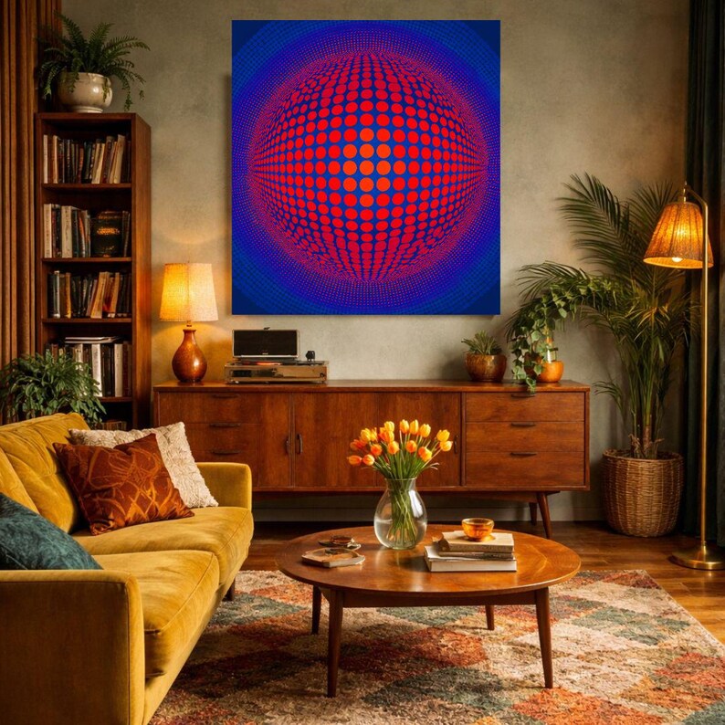 May include: A large, square artwork with an abstract design. It features a spherical pattern of red dots on a deep blue background. The room includes a yellow sofa, wooden furniture, and a patterned rug. The artwork is a focal point.