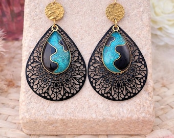 Elegant black and blue drop earrings – handcrafted – stainless steel – gift idea for women – handmade jewelry