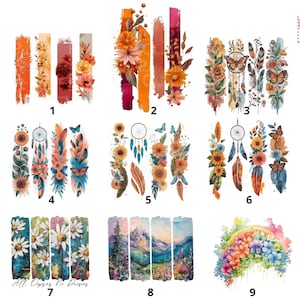 Peut inclure: Neuf motifs aquarelles avec des thèmes floraux, attrape-rêves et papillons. Les motifs sont des rectangles verticaux aux couleurs vives, notamment orange, jaune, bleu et rose. Le texte "All Oipsies No Daisies" est visible sur un motif.
