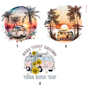 Peut inclure: Trois motifs graphiques circulaires représentant des camping-cars vintage. Deux motifs montrent des véhicules sur des plages au coucher du soleil avec des palmiers. Le troisième montre un van rose avec des tournesols, une planche de surf et le texte "MAKE TODAY AMAZING TAKE ROAD TRIP."