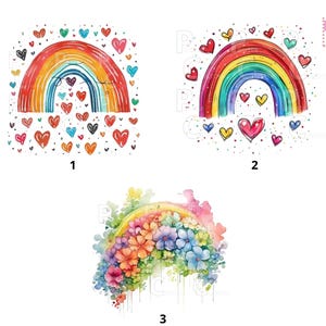 Op de afbeelding: Drie aquarelontwerpen met regenbogen en harten. Het eerste ontwerp toont een regenboog met verspreide harten. Het tweede ontwerp heeft een regenboog met harten en stippen. Het derde ontwerp is een regenboog gemaakt van bloemen.