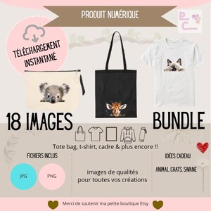 Peut inclure: Lot de produits numériques avec un koala sur une pochette crème, une girafe sur un sac fourre-tout noir et un chat sur un t-shirt blanc. Comprend 18 images, fichiers JPG et PNG. Texte "BUNDLE" et "ANIMAL CHATS, SAVANE".
