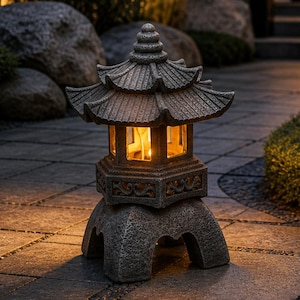 May include: A stone pagoda lantern with a lit interior sits on a paved pathway. The lantern has a multi-tiered roof and intricate carvings. The scene is illuminated by warm light, with a backdrop of lush greenery, rocks, and a traditional building.