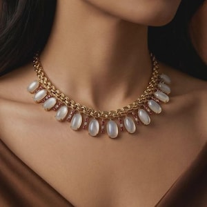 Luxury Inspired Gold Choker 18k yellow gold Necklace with Moonstone, Ruby Diamond