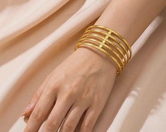 Heavy 14K Solid Yellow Gold Bangle cuff Women Luxury Gold Bracelet