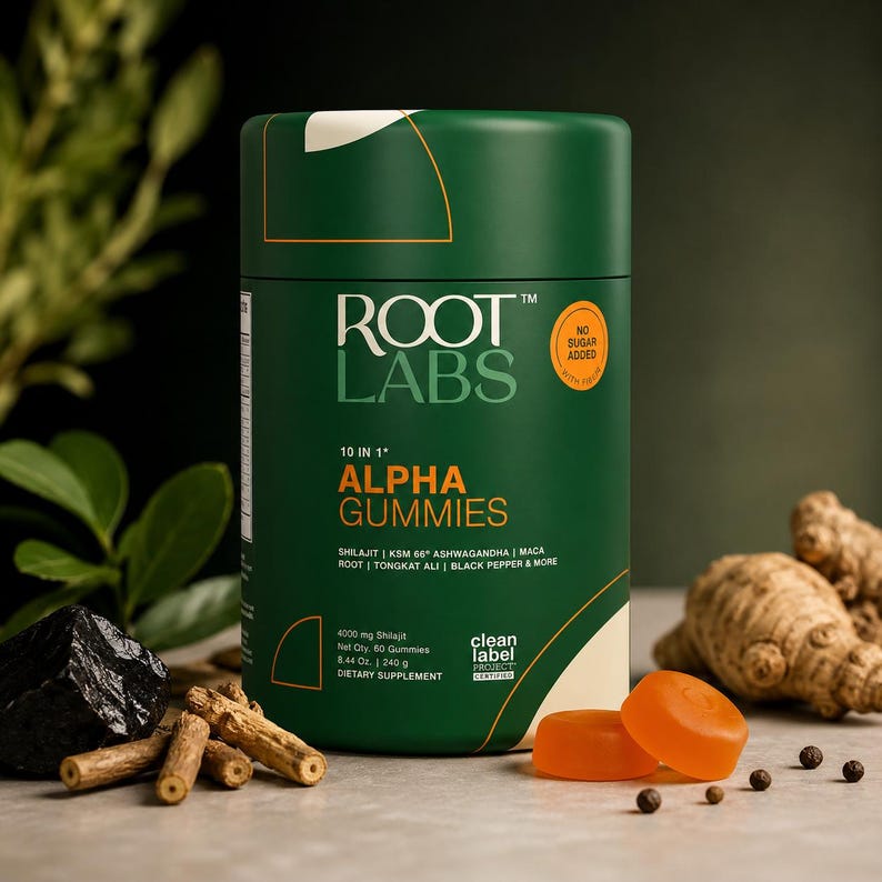May include: A dark green cylindrical bottle of Root Labs 10 in 1 Alpha Gummies dietary supplement. The label features white and orange text, including 4000 mg Shilajit, 60 gummies, and 8.44 oz. Two orange gummies sit in front of the bottle.