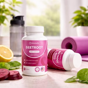 May include: White and pink Rosabella Beetroot dietary supplement bottles. The bottles are next to sliced beets, a lemon, and a water bottle. A rolled-up yoga mat is in the background. The text on the bottle reads "BEETROOT".