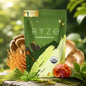 May include: A green pouch of RYZE Mushroom Matcha with the text "Mushroom Matcha" and "USDA ORGANIC". The image includes mushrooms, green powder, and leaves. A gold label reads "#1 Mushroom Matcha on the Market".