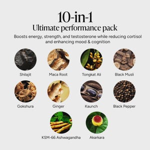 May include: A 10-in-1 ultimate performance pack infographic featuring ten circular images of botanical ingredients including Shilajit, Maca Root, Tongkat Ali, Black Musli, Gokshura, Ginger, Kaunch, Black Pepper, KSM-66 Ashwagandha, and Akarkara.