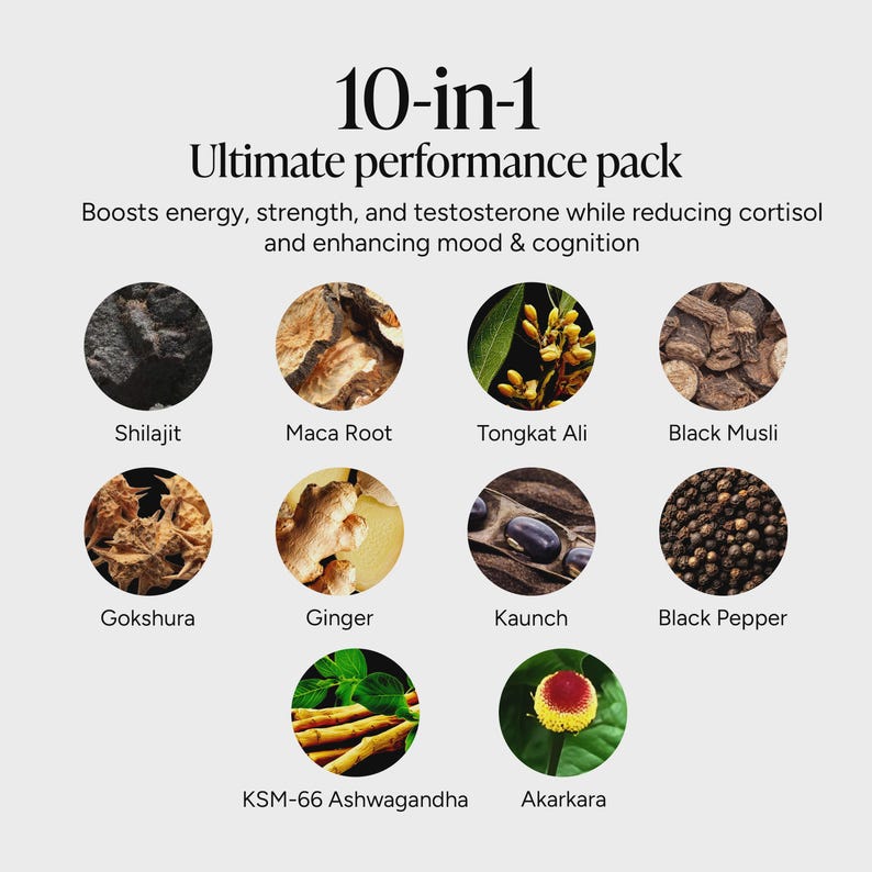May include: A 10-in-1 ultimate performance pack infographic featuring ten circular images of botanical ingredients including Shilajit, Maca Root, Tongkat Ali, Black Musli, Gokshura, Ginger, Kaunch, Black Pepper, KSM-66 Ashwagandha, and Akarkara.